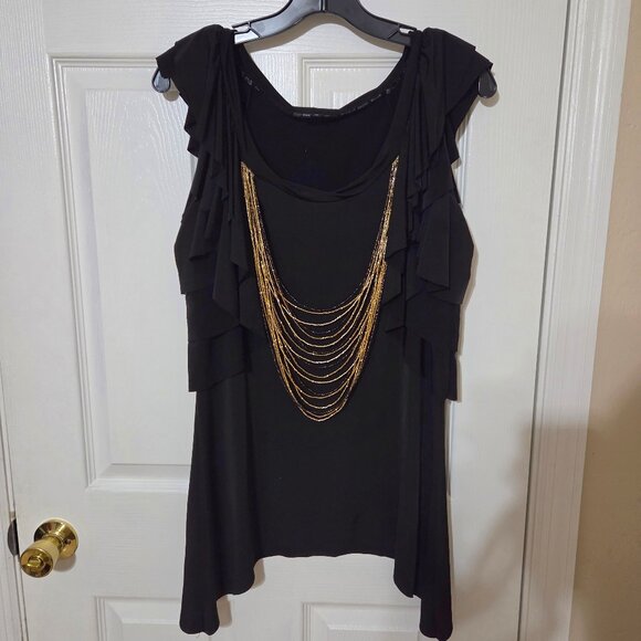 XOXO Black Ruffle Sleeve Top with Gold Chain Detail – Size L - Picture 9 of 11